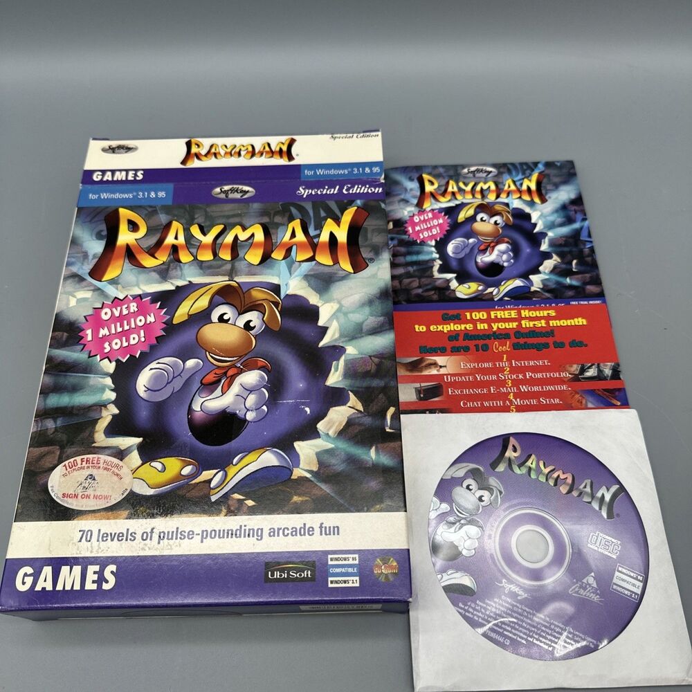 Rayman PC Big Box EUC (1995) Ubisoft Rare Complete CD-ROM AOL Special Edition